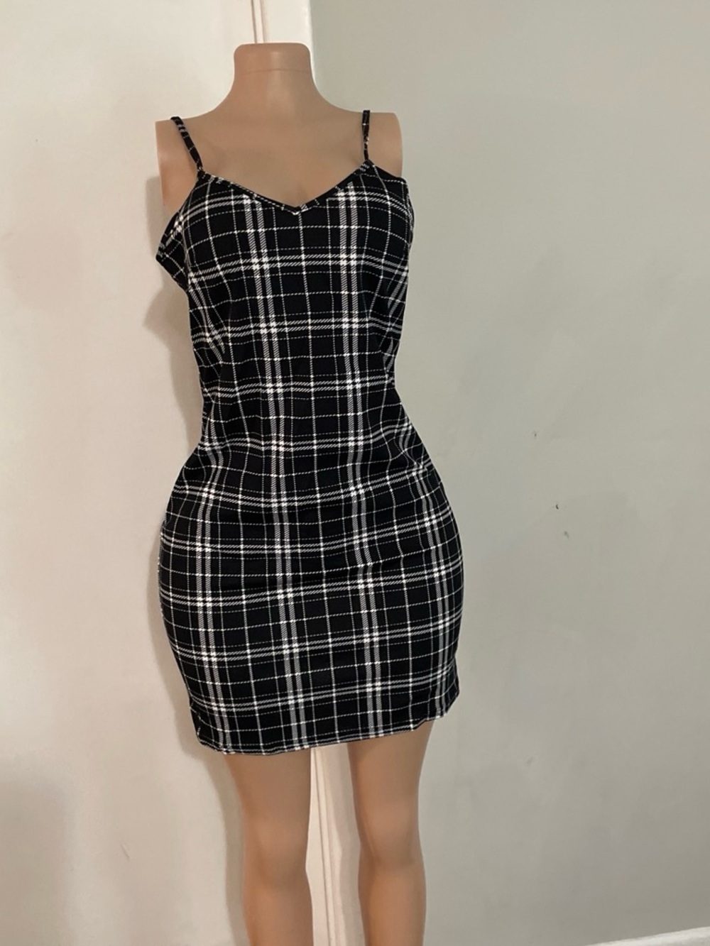 SHEIN Black & White Plaid Spaghetti Strap Mini Dress